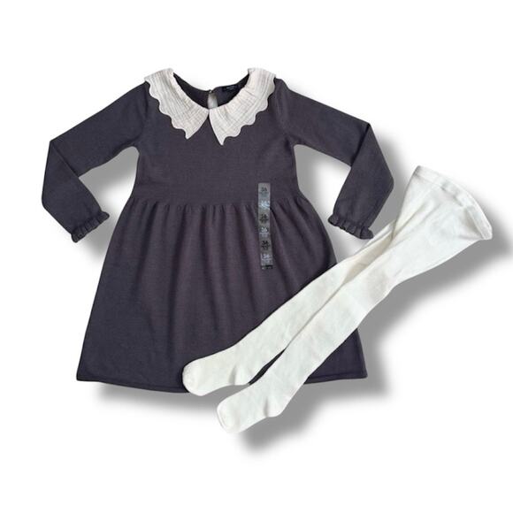 Kiabi Girls Dress & Tights Set Size 36M Gray Knit Scallop Collar Long Sleeve New - Picture 1 of 10